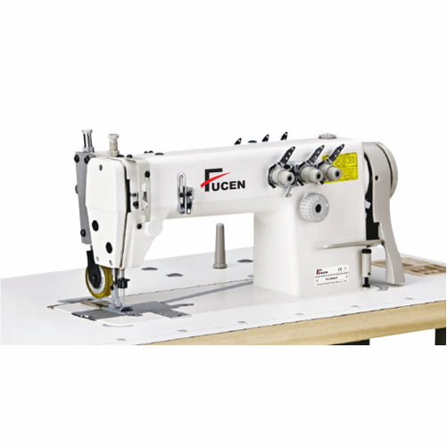 High Speed Triple Needle Flatbed Chainstitch Sewing Machine With Rear Puller.