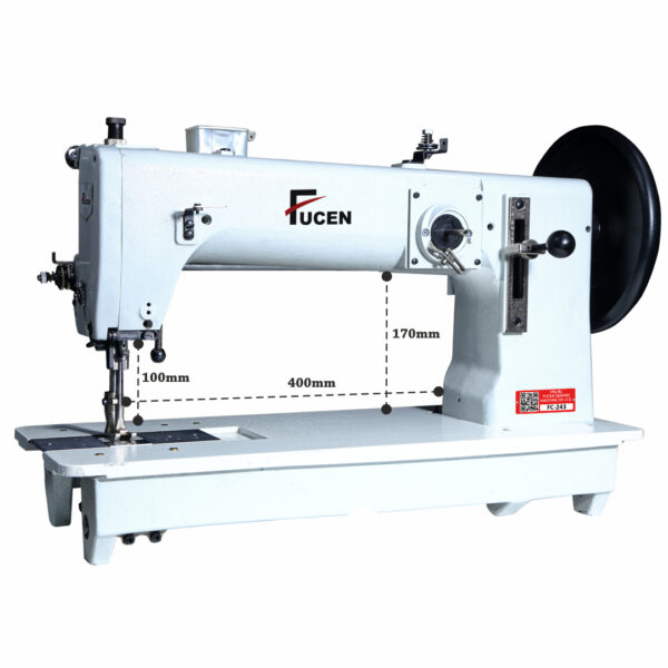 title FC-243: Single needle semi long flat bed unison feed lockstitch machine with large hook for extra heavy weight material.