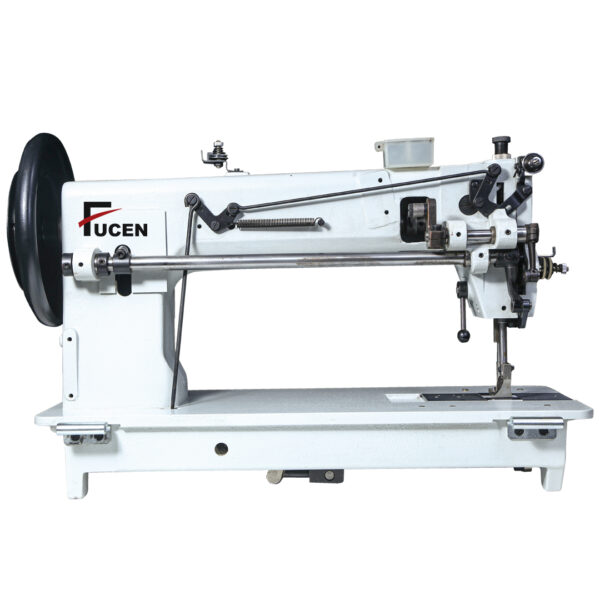 title FC-243: Single needle semi long flat bed unison feed lockstitch machine with large hook for extra heavy weight material.